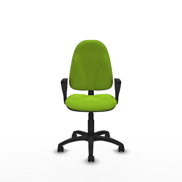 Silla de oficina Algarra con mecanismo Contacto permanente básico tapizada con Similpiel color Pistacho. Equipada con Base poliamida negra, Brazos fijos y Ruedas de parqué