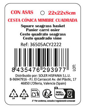 Inde Cesta Cónica de Mimbre Cuadrada con Asa 22 cm x 22 cm x 8 cm (12 Unidades)