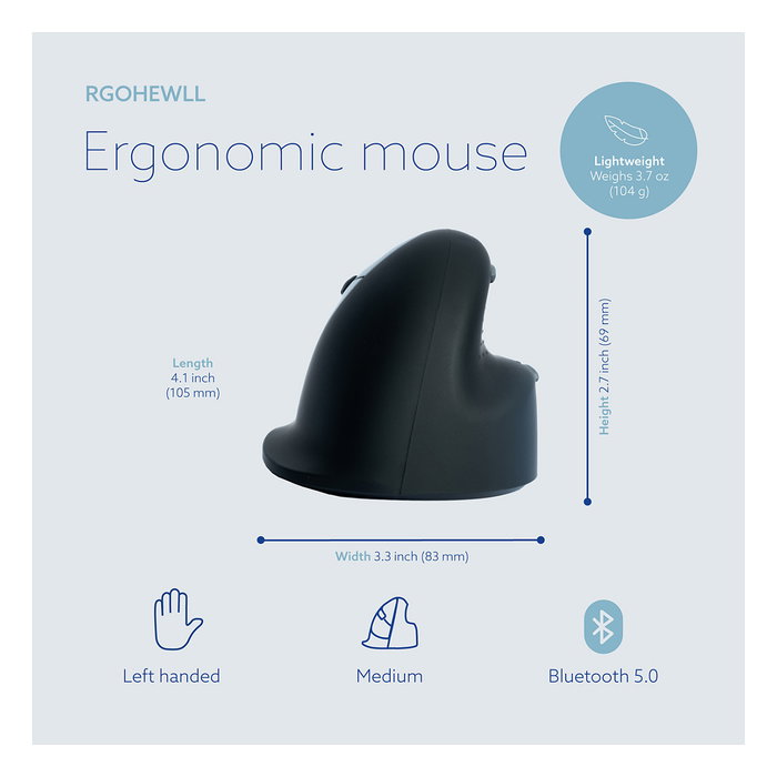 R-Go Ratón Ergonómico para Zurdo HE Break, Bluetooth, 5 Botones, 2400 DPI, Negro, Software de Pausa, Conexión Inalámbrica, Recargable, para Manos Medianas