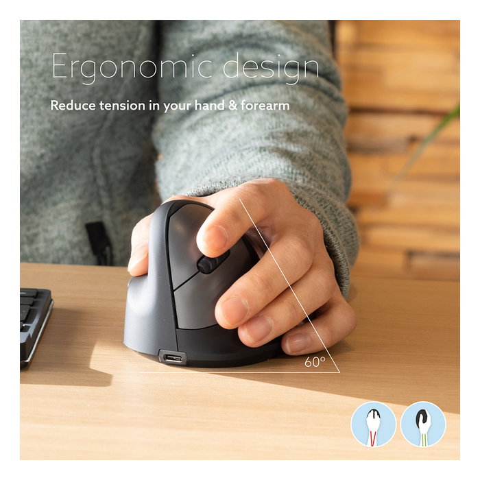R-Go Ratón Ergonómico para Zurdo HE Break, Bluetooth, 5 Botones, 2400 DPI, Negro, Software de Pausa, Conexión Inalámbrica, Recargable, para Manos Medianas