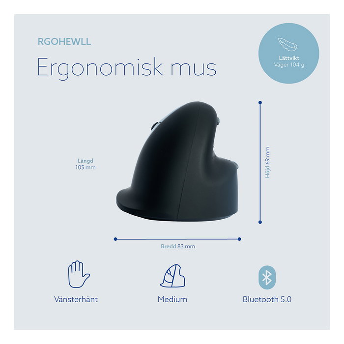 R-Go Ratón Ergonómico para Zurdo HE Break, Bluetooth, 5 Botones, 2400 DPI, Negro, Software de Pausa, Conexión Inalámbrica, Recargable, para Manos Medianas