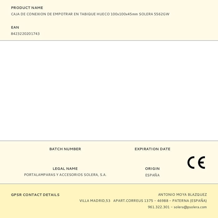 Solera Caja de Conexión Empotrar Tabique Hueco 100x100x45mm 5562gw Solera Caja de Conexión Empotrar Tabique Hueco 100x100x45mm 5562gw