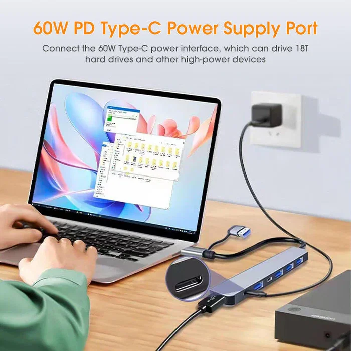 Generico Hub USB-C Multipuerto 7 en 1 con 5 USB y 2 USB-C PD 60W Generico Hub USB-C Multipuerto 7 en 1 con 5 USB y 2 USB-C PD 60W