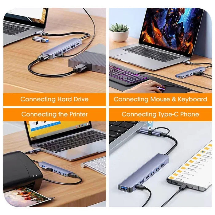 Generico Hub USB-C Multipuerto 7 en 1 con 5x USB y 2x USB-C PD 60W