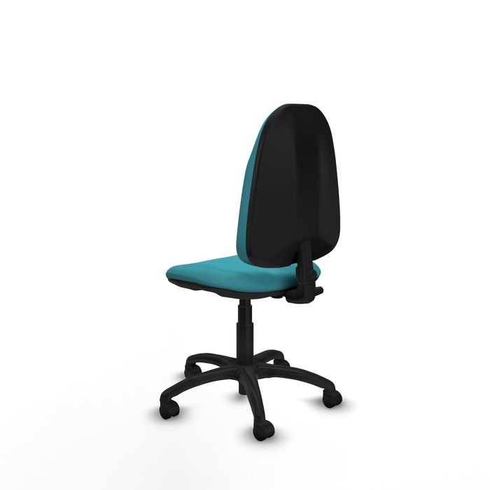 Silla de oficina Algarra con mecanismo Contacto permanente básico tapizada con Tela color Turquesa. Equipada con Base poliamida negra, Sin brazos y Ruedas de nailon 50 mm