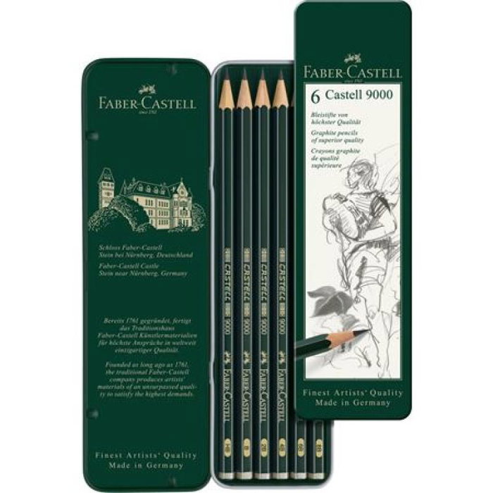 Faber-Castell Castell 9000 Lápices de Grafito, Estuche de Metal, 6 Unidades Faber-Castell Castell 9000 Lápices de Grafito, Estuche de Metal, 6 Unidades