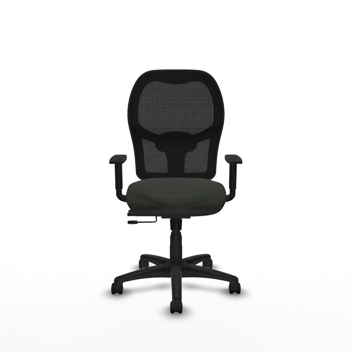 Silla de oficina Alocén con mecanismo Sincro/Traslack tapizada con Tela color Negro. Equipada con lumbar 1D, Brazos 1D y Ruedas de nailon 50 mm
