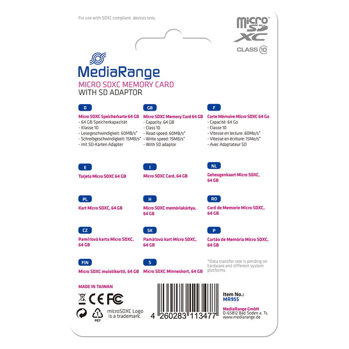 MediaRange MR955 Tarjeta MicroSDXC 64 GB Clase 10 UHS-I U1 Negro 60MB/s Lectura 15MB/s Escritura Compatible Mac con Adaptador SD MediaRange MR955 Tarjeta MicroSDXC 64 GB Clase 10 UHS-I U1 Negro 60MB/s Lectura 15MB/s Escritura Compatible Mac con Adaptador SD