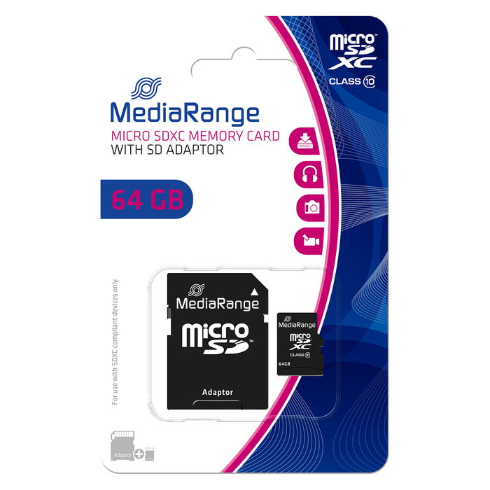 MediaRange MR955 Tarjeta MicroSDXC 64 GB Clase 10 UHS-I U1 Negro 60MB/s Lectura 15MB/s Escritura Compatible Mac con Adaptador SD MediaRange MR955 Tarjeta MicroSDXC 64 GB Clase 10 UHS-I U1 Negro 60MB/s Lectura 15MB/s Escritura Compatible Mac con Adaptador SD