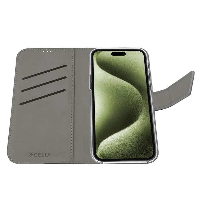 Celly WALLY Funda Cartera para iPhone 17, 16 cm (6.3"), Negro, Imitación Piel con Soporte de Sobremesa y 3 Bolsillos para Tarjetas