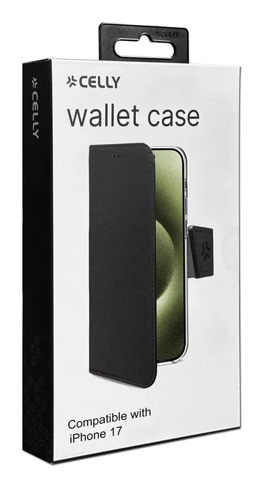 Celly WALLY Funda Cartera para iPhone 17, 16 cm (6.3"), Negro, Imitación Piel con Soporte de Sobremesa y 3 Bolsillos para Tarjetas