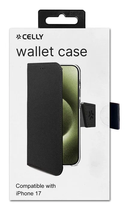 Celly WALLY Funda Cartera para iPhone 17, 16 cm (6.3"), Negro, Imitación Piel con Soporte de Sobremesa y 3 Bolsillos para Tarjetas