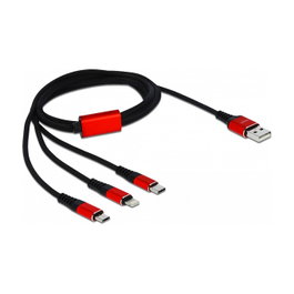 DeLOCK Cable de carga USB 3 en 1 Tipo-A a Lightning, Micro USB y USB-C, 1 m, Negro/Rojo