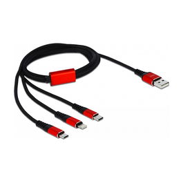 DeLOCK Cable de Carga USB 3 en 1 Tipo A a Lightning, Micro USB y USB Type-C, 1 Metro, Negro/Rojo, Textil, 5V 3A