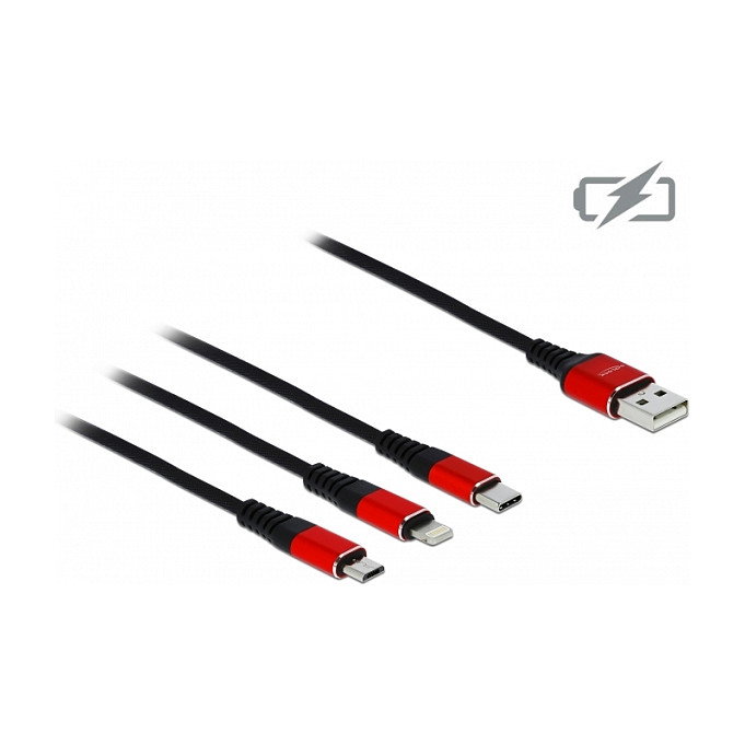 DeLOCK Cable de carga 3 en 1 USB-A a Lightning/Micro USB/USB-C 1 m Negro/Rojo