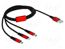 DeLOCK Cable de carga USB 3 en 1 Tipo-A a Lightning, Micro USB y USB-C, 1 m, Negro/Rojo