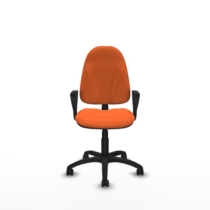 Silla de oficina Algarra con mecanismo Contacto permanente básico tapizada con Tela color Naranja. Equipada con Base poliamida negra, Brazos fijos y Ruedas autofrenantes