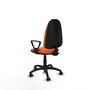 Silla de oficina Algarra con mecanismo Contacto permanente básico tapizada con Tela color Naranja. Equipada con Base poliamida negra, Brazos fijos y Ruedas autofrenantes