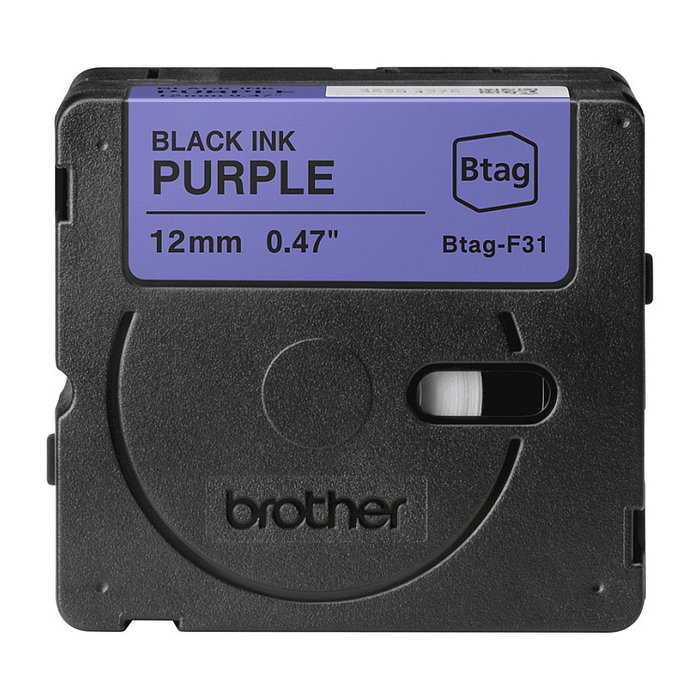 Brother BTAG-F31 Cinta Etiquetas 12mm Ancho x 4m Longitud, Blanco sobre Morado, Compatible con PT-N10, PT-N20, PT-N25BT
