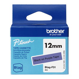 Brother BTAG-F31 Cinta Etiquetas 12mm Ancho x 4m Longitud, Blanco sobre Morado, Compatible con PT-N10, PT-N20, PT-N25BT