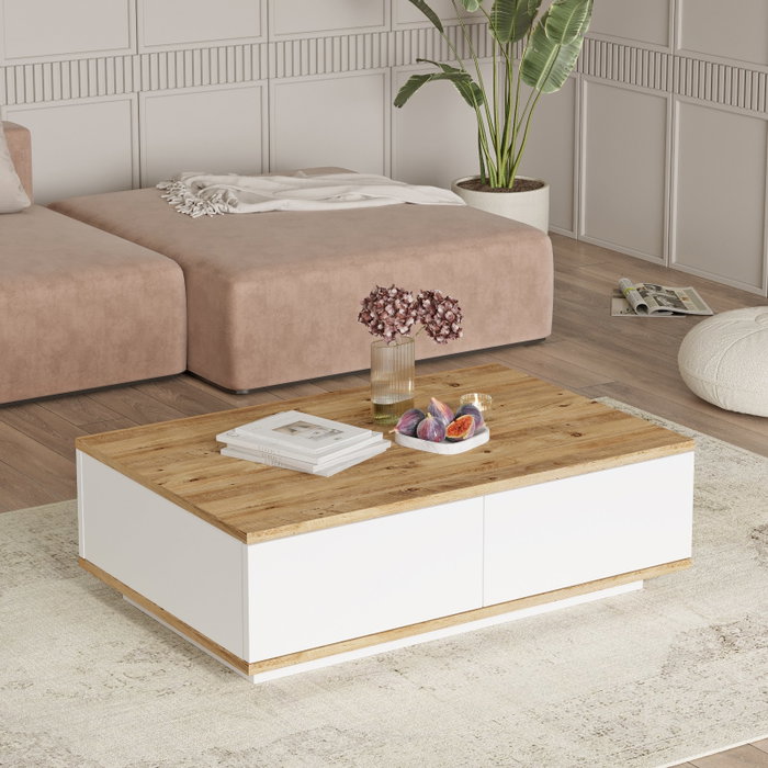 Hanah Home Mesa de Centro FR14-AW, Pino Atlántico y Blanco, Tablero de Partículas Melaminado, 90x60x28.6 cm