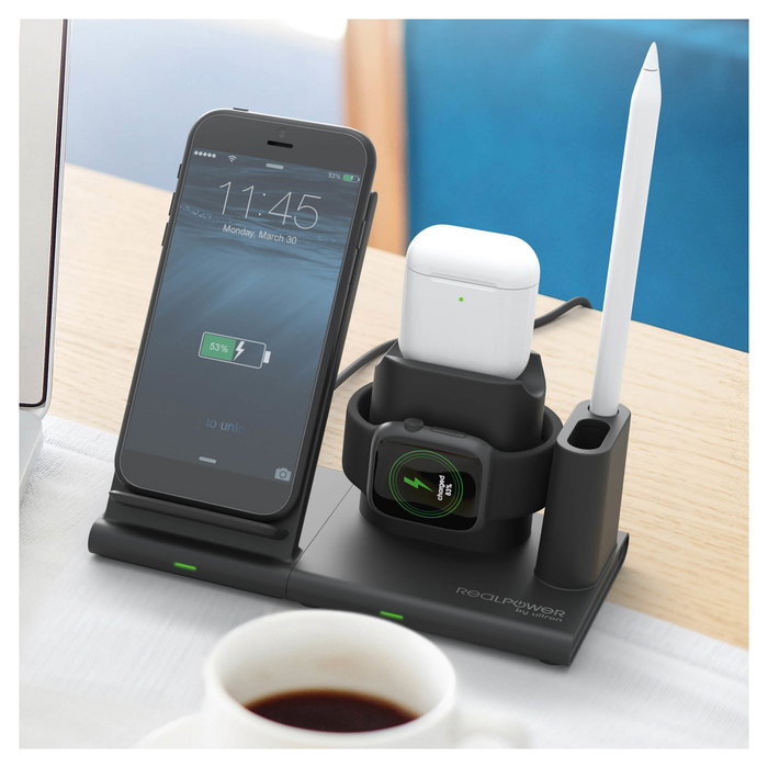 Realpower ChargeAir Connect Cargador Inalámbrico 10W para Smartphone, Tableta, Apple Watch/AirPods, Negro