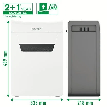 Leitz 80920000 Destructora de Papel Ultra Silenciosa IQ 10x Protect P4, 10 Hojas, Corte 4x28mm, 18L, 55 dB, Tritura Clips y Grapas, Diseño Compacto Blanco y Gris