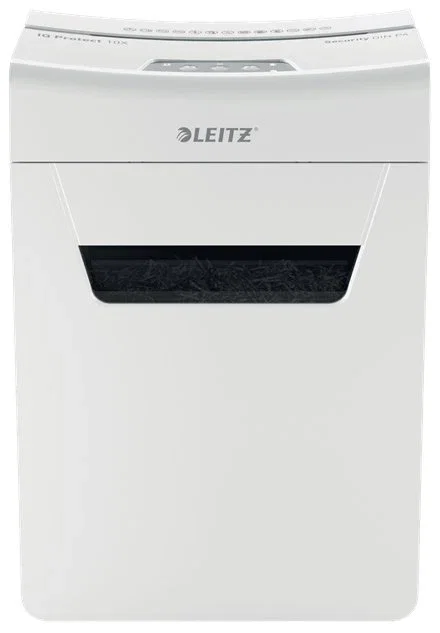 Leitz 80920000 Destructora de Papel Ultra Silenciosa IQ 10x Protect P4, 10 Hojas, Corte 4x28mm, 18L, 55 dB, Tritura Clips y Grapas, Diseño Compacto Blanco y Gris