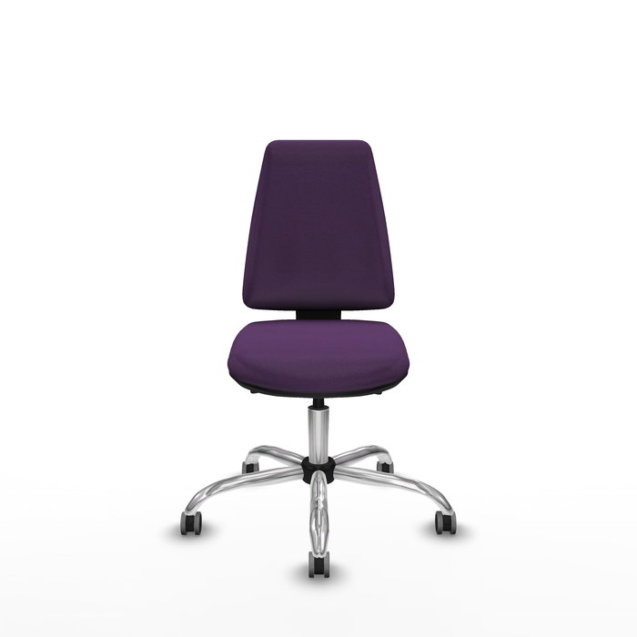 Silla de oficina Elche con mecanismo Asincro tapizada con Tela color Morado. Equipada con Base cromada, Sin brazos y Ruedas 65 mm parqué