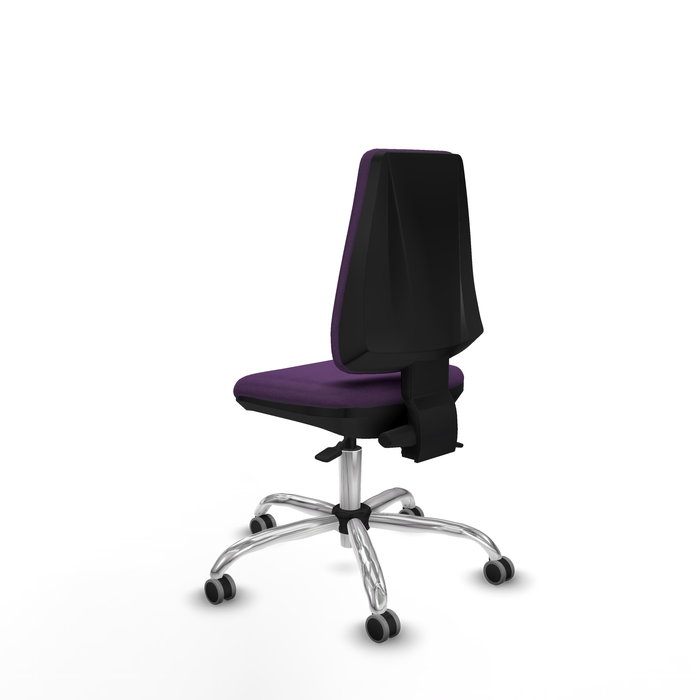 Silla de oficina Elche con mecanismo Asincro tapizada con Tela color Morado. Equipada con Base cromada, Sin brazos y Ruedas 65 mm parqué