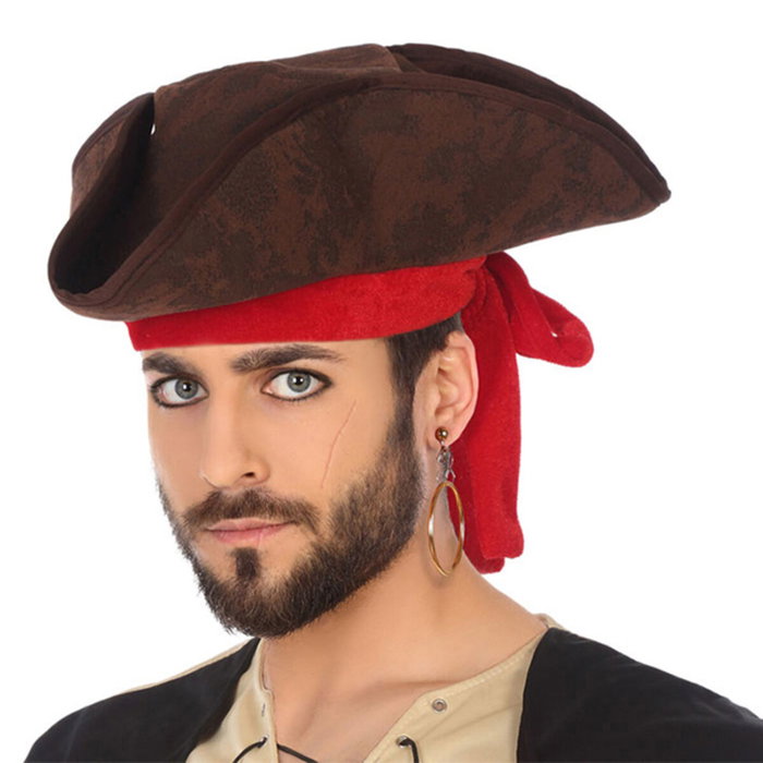atosa Sombrero Pirata Marrón Acabado Envejecido con Pañuelo Rojo para Adulto 33 cm
