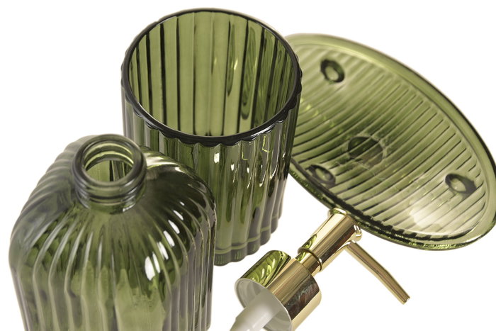 DKD Home Decor Set de 3 Accesorios de Baño de Cristal Verde Oscuro 480ml