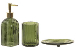 DKD Home Decor Set de 3 Accesorios de Baño de Cristal Verde Oscuro 480ml