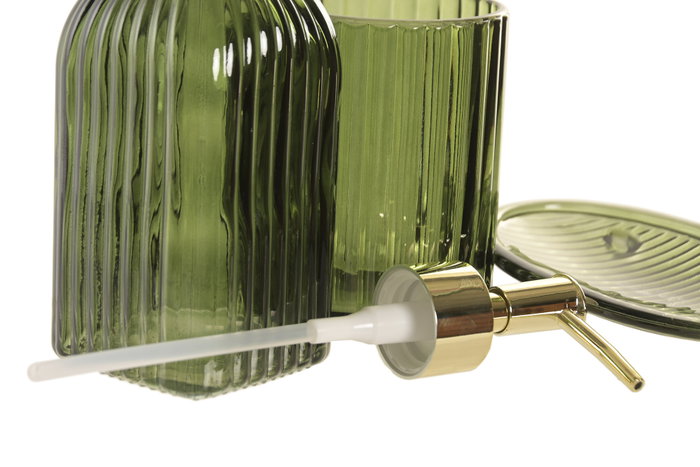 DKD Home Decor Set de 3 Accesorios de Baño de Cristal Verde Oscuro 480ml