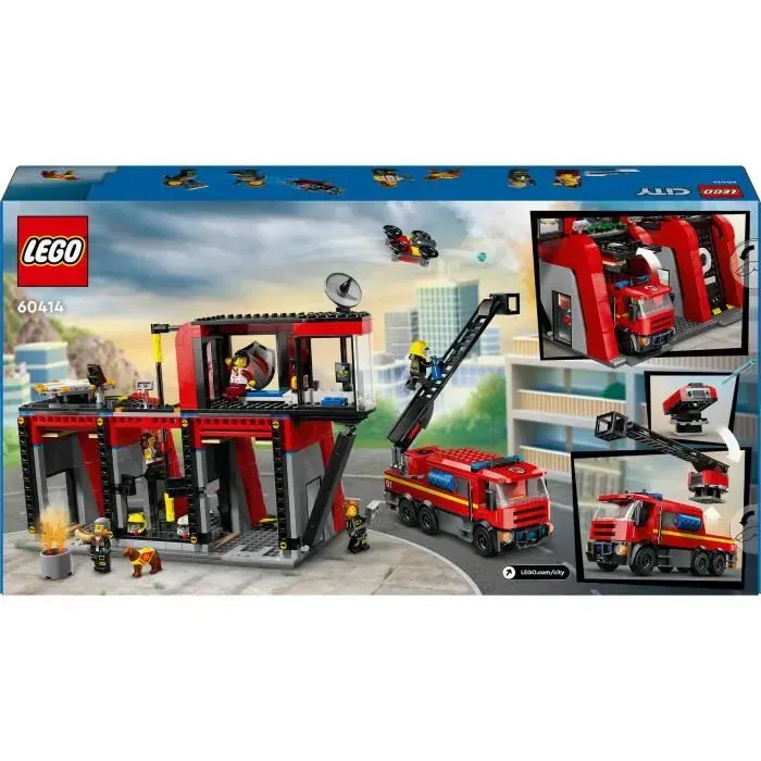 LEGO 60414 Estación de Bomberos y Camión de Bomberos, Figura de Perro de Juguete y 5 Minifiguras, Regalo Infantil