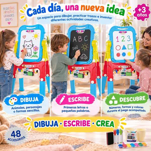Jugatoys - pequeñ@sartistas Pizarra 2 en 1 magnética y para tizas con 48 accesorios