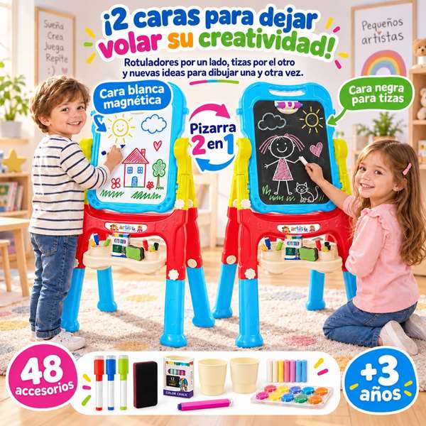 Jugatoys - pequeñ@sartistas Pizarra 2 en 1 magnética y para tizas con 48 accesorios