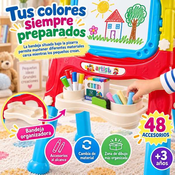 Jugatoys - pequeñ@sartistas Pizarra 2 en 1 magnética y para tizas con 48 accesorios