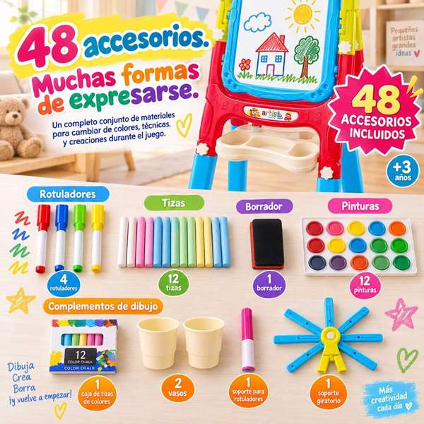 Jugatoys - pequeñ@sartistas Pizarra 2 en 1 magnética y para tizas con 48 accesorios