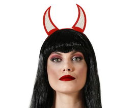 Tiara Diabólica Roja Con Cuernos Y Malla Para Disfraz De Demonio, Diablesa, Halloween Y Carnaval