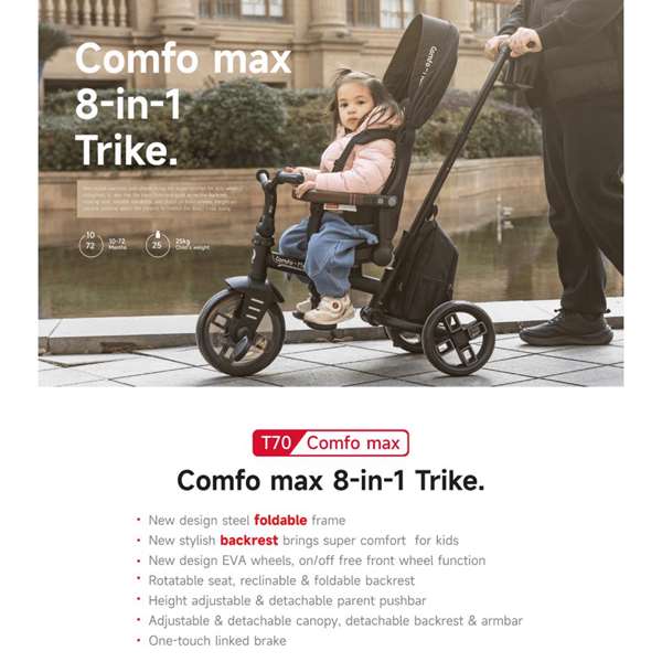 Ociotrends Comfo Max Triciclo 6 en 1 Plegable en Aluminio con Ruedas EVA, Asiento Giratorio 360° y Reclinable, Negro