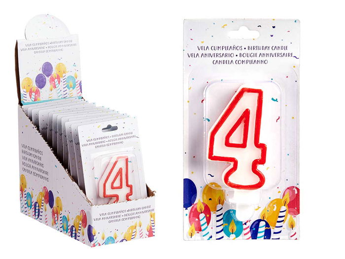 Arte Regal Vela Cumpleaños Num 4 Blanca Borde Rojo Cera 4.2x8.2x1 cm (Set de 72) Arte Regal Vela Cumpleaños Num 4 Blanca Borde Rojo Cera 4.2x8.2x1 cm (Set de 72)