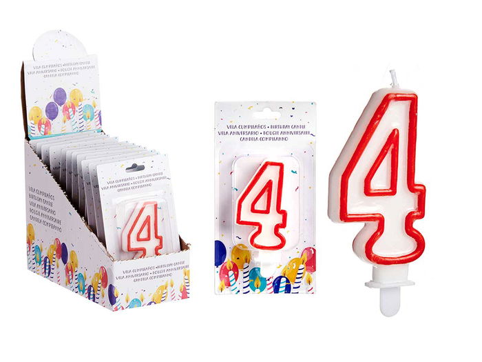 Arte Regal Vela Cumpleaños Num 4 Blanca Borde Rojo Cera 4.2x8.2x1 cm (Set de 72) Arte Regal Vela Cumpleaños Num 4 Blanca Borde Rojo Cera 4.2x8.2x1 cm (Set de 72)