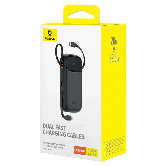 Baseus QPOW 2 Power Bank Externo 10000 mAh con Cable Doble, Carga Rápida 22.5W, Batería Litio Portátil - Negro