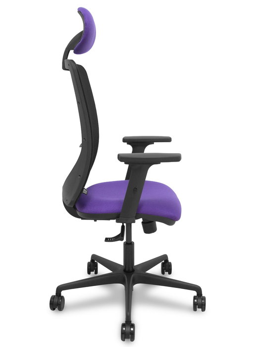 Silla de oficina Zulema con mecanismo Sincro tapizada con Tela color Lila y malla color Negro. Equipada con lumbar 1D, Brazos 2D, Cabecero Fijo y Ruedas 65mm nailon