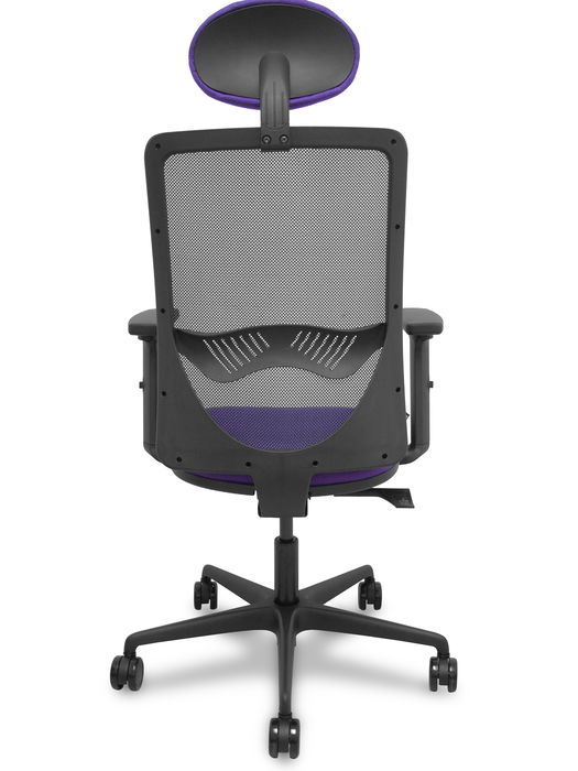 Silla de oficina Zulema con mecanismo Sincro tapizada con Tela color Lila y malla color Negro. Equipada con lumbar 1D, Brazos 2D, Cabecero Fijo y Ruedas 65mm nailon