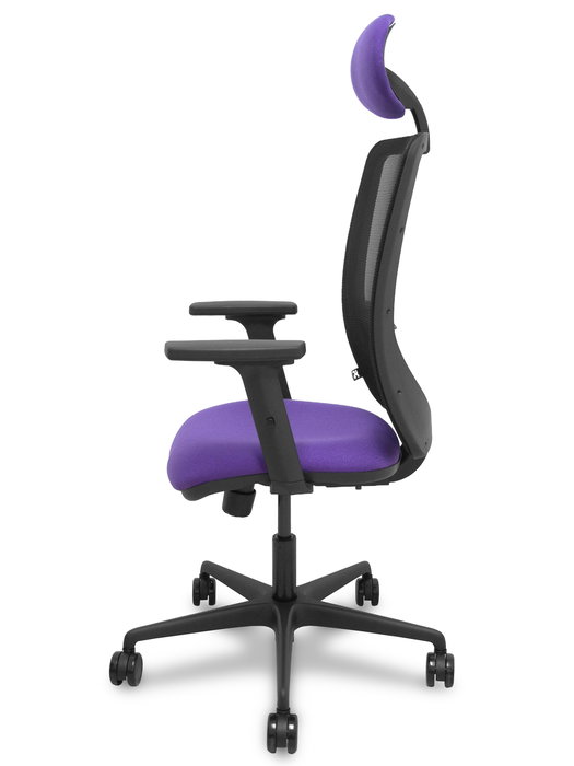 Silla de oficina Zulema con mecanismo Sincro tapizada con Tela color Lila y malla color Negro. Equipada con lumbar 1D, Brazos 2D, Cabecero Fijo y Ruedas 65mm nailon