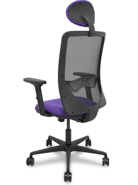 Silla de oficina Zulema con mecanismo Sincro tapizada con Tela color Lila y malla color Negro. Equipada con lumbar 1D, Brazos 2D, Cabecero Fijo y Ruedas 65mm nailon