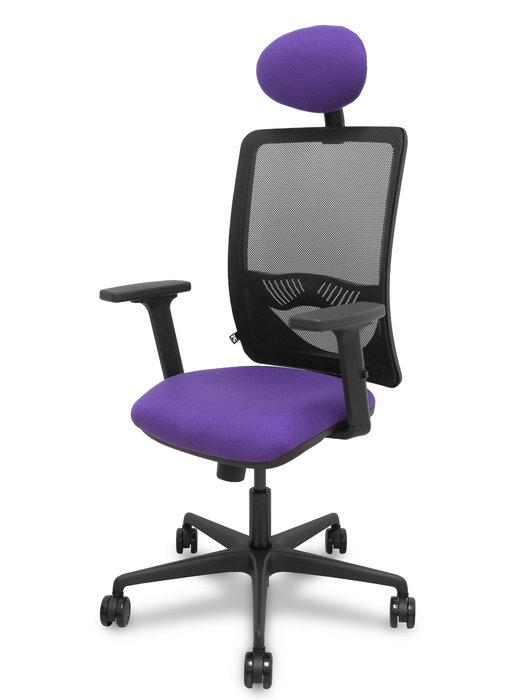 Silla de oficina Zulema con mecanismo Sincro tapizada con Tela color Lila y malla color Negro. Equipada con lumbar 1D, Brazos 2D, Cabecero Fijo y Ruedas 65mm nailon