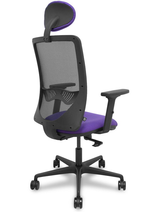 Silla de oficina Zulema con mecanismo Sincro tapizada con Tela color Lila y malla color Negro. Equipada con lumbar 1D, Brazos 2D, Cabecero Fijo y Ruedas 65mm nailon